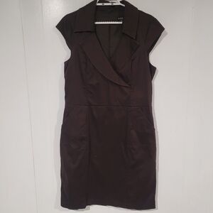 Dark Brown Cap Sleeve Collared 97% Cotton Summer Office Dress. Pockets, Pleats.
